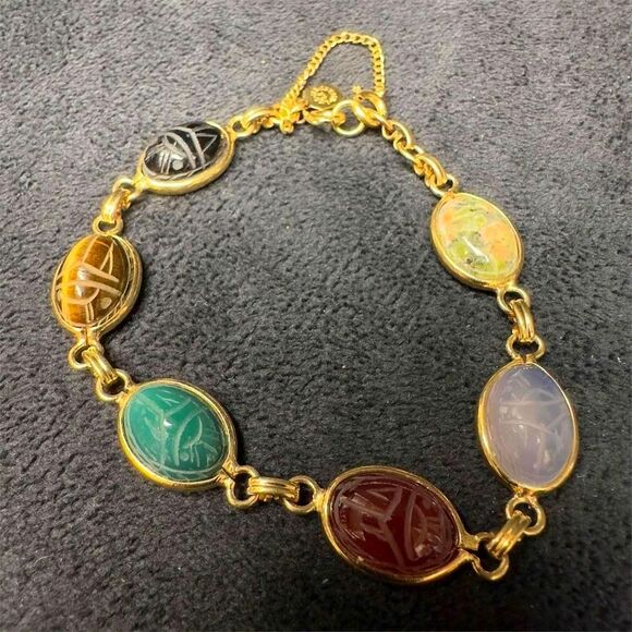 12K GF Scarab Beetle Bracelet Six (6) Gemstones Egyptian Hieroglyphs by Winard main image 3